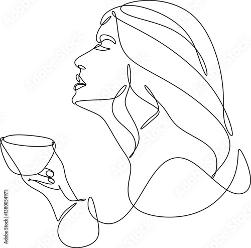 Vector drawing of a woman with a cup in her hand. Linear drawing
