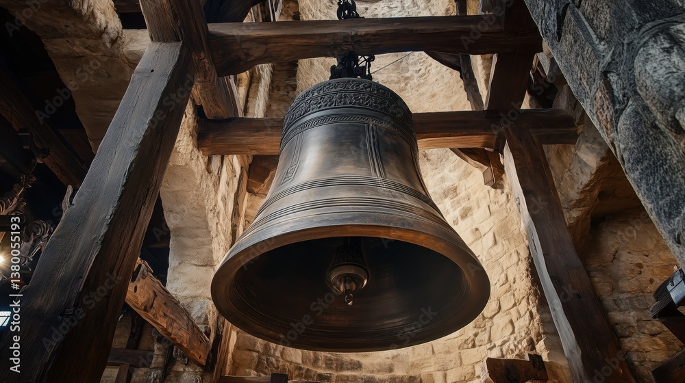 Fototapeta premium Suspended from aged wooden beams, the metal bell gleams softly in the gentle light, echoing centuries of tradition within the stone tower.