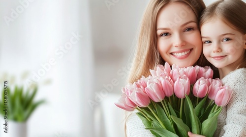 tender child giving mother flowers, congratulating her on mother's day during holiday celebration at home. ai generated
