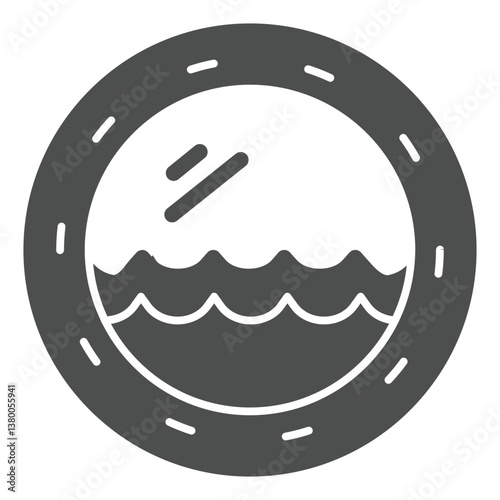 Cabin window with water waves solid icon, cruise ship interior concept. Vector graphics. Round window with sea wave sign on white background, glyph style icon for mobile or web design.