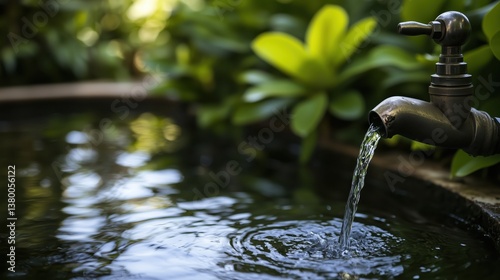 The soft trickle of water from the metal faucet creates gentle ripples in the pond, framed by lush greenery and a sense of peaceful harmony.


