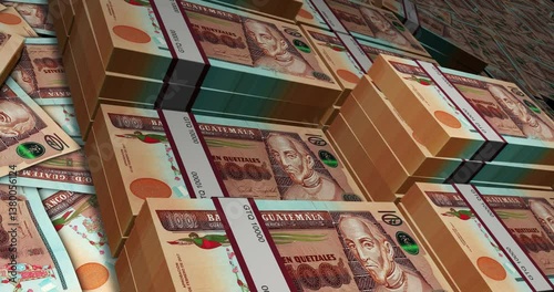 Guatemala quetzal 100 GTQ banknote pack pile loop. Flying over money stack Guatemalan note. 3D Abstract concept of business, economy, finance, crisis and banking.