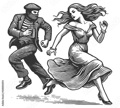 masked man chasing a frightened woman, depicting danger, crime, and suspense in a retro illustration style sketch engraving generative ai vector illustration. Scratch board. Black and white image.
