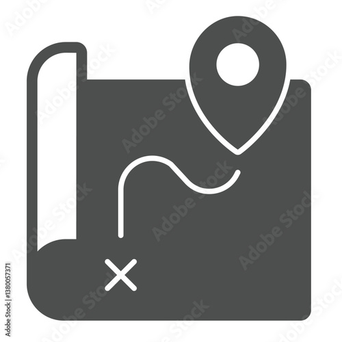Route map and location pin solid icon, marine navigation concept. Vector graphics. Map paper with geolocation sign on white background, glyph style icon for mobile or web design.