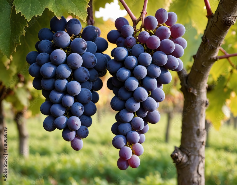 Ripe purple grapes on vines in a bright vineyard. High quality close-up suitable for your agricultural or beverage-related imagery needs.