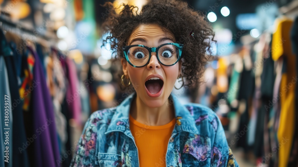 Her wide eyes and raised brows capture a moment of surprise as she examines a price tag, surrounded by bright racks of fashion.
Her wide eyes and raised brows capture a moment of surprise as she examines a price tag, surrounded by bright racks of fashion.