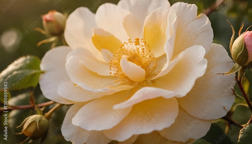 Fototapeta premium Blooming Cream Rose Flower with Buds Close-up Floral Nature Photography