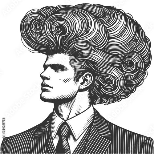 gentleman with an incredibly large, curly hairstyle, blending humor, surrealism, and vintage artistic style sketch engraving generative ai vector illustration. Scratch board. Black and white image.
