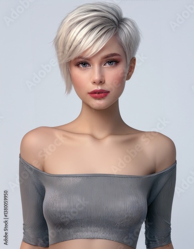 studio portrait of a blonde woman with short hair wearing a low cut grey top with nude shoulders on a white background, fashion photography	
