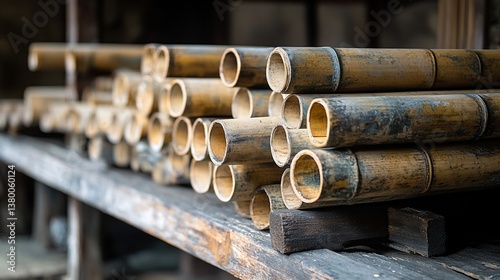 Stack of aged bamboo poles on wooden shelf. photo