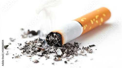 Close-up view of a burnt cigarette resting on a white surface surrounded by ashes and remnants of tobacco