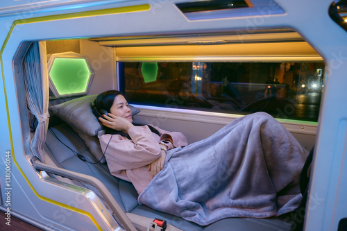 Asian woman listening to music on a night sleeping bus while relaxing with blanket.