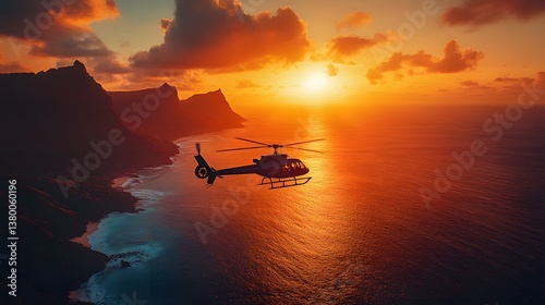 Breathtaking Helicopter Tour Above Mauritius Highlighting the Interplay of Light and the Rugged Silhouette of Le Morne Brabant Peninsula in Radiant Summer
