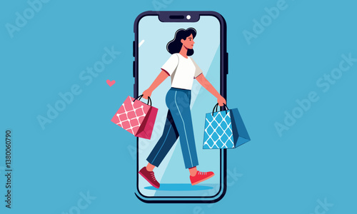 Online shopping with a smiley figure holding bags while on a mobile screen
