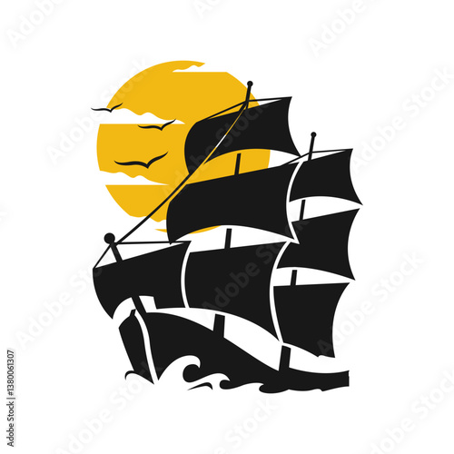 Sailing ship illustration on sunset background