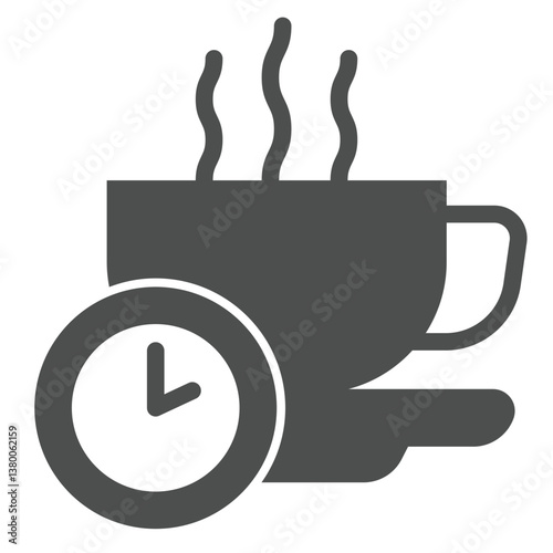 Hot coffee cup and clock solid icon, remote work concept. Vector graphics. Coffee break, time to relax sign on white background, glyph style icon for mobile or web design.
