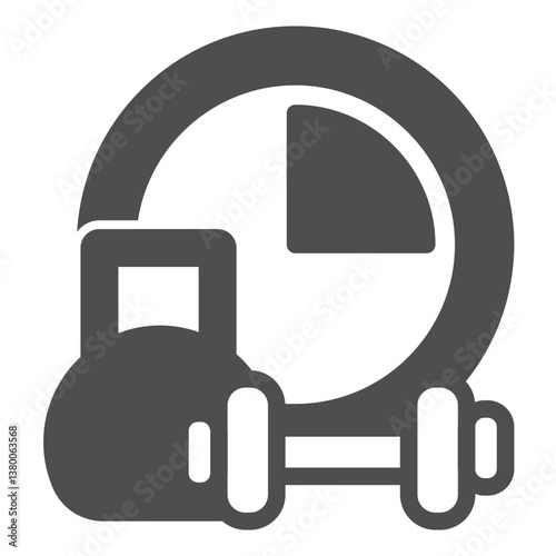 Dumbbell pair and clock solid icon, remote work concept. Vector graphics. Sport club timer sign on white background, glyph style icon for mobile or web design.