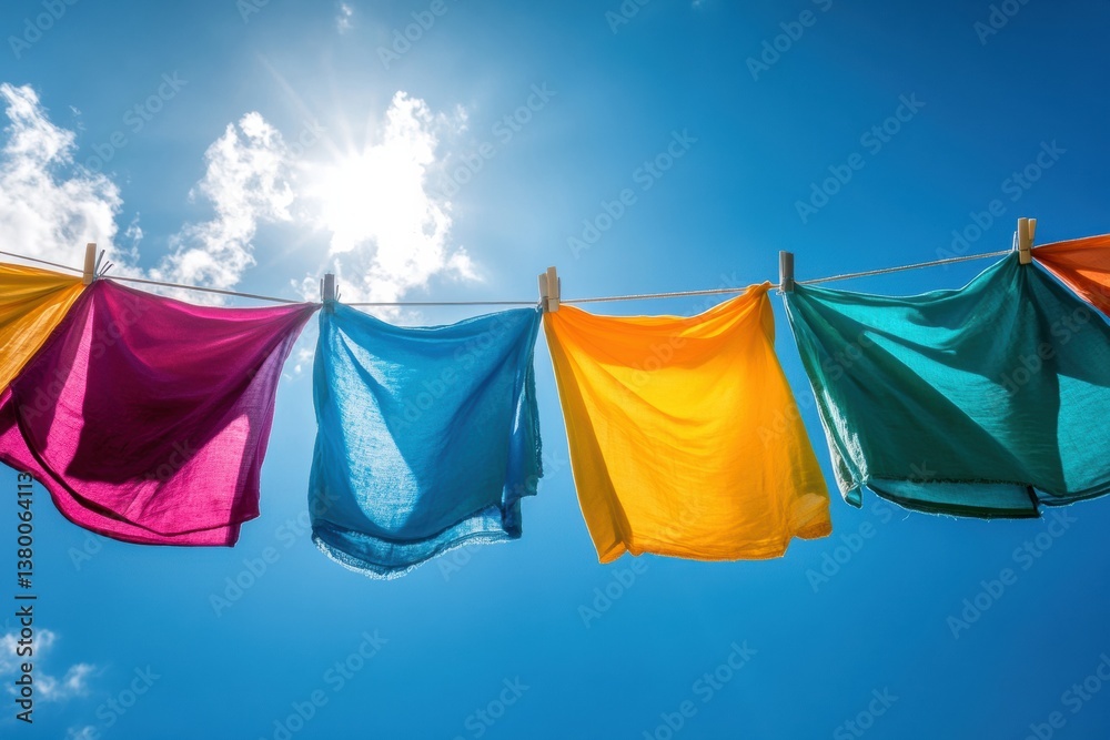 Colorful clothes sway gently in the wind under a bright sky during a sunny day, creating a vibrant atmosphere filled with warmth and light