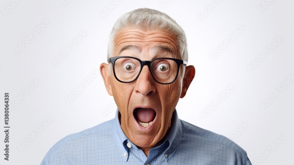 An elderly man shows a look of astonishment with wide eyes and an open mouth. He wears glasses and a light blue shirt, set against a simple white backdrop An elderly man shows a look of astonishment with wide eyes and an open mouth. He wears glasses and a light blue shirt, set against a simple white backdrop