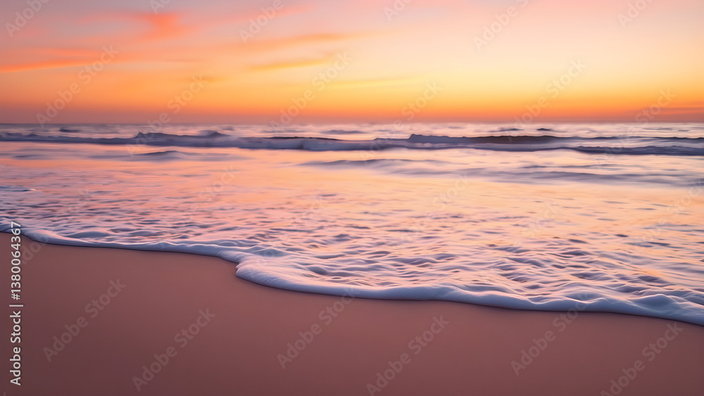 Obraz premium Serene Beach Sunset: Pastel Waves and Pink Sand Tranquility