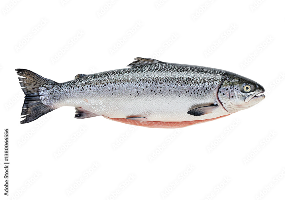 Obraz premium Whole fresh salmon fish isolated on white background, ideal seafood market display cooking. Represents healthy omega3 rich diet option, fresh premium catch ready preparation. Very fresh fish.