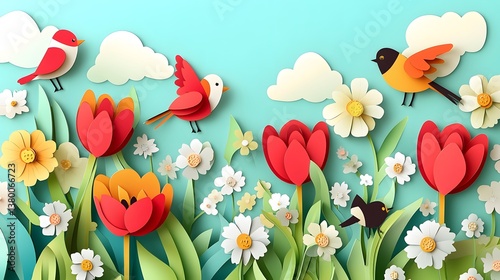spring-themed background in a paper cut style, featuring layers of colorful flowers and birds. The flowers should include vibrant tulips, daisies, and cherry blossom