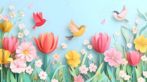 spring-themed background in a paper cut style, featuring layers of colorful flowers and birds. The flowers should include vibrant tulips, daisies, and cherry blossom