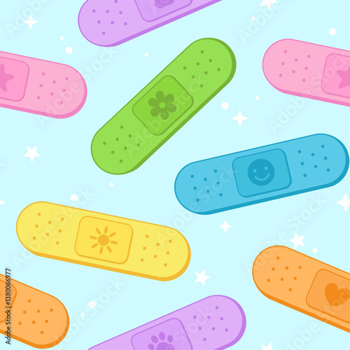 Cute vector bandaid seamless pattern. Colorful cartoon graphic plaster background with smiley face, flower, heart, paw, star, and sun. Kids, pediatrics, medical industry pastel adhesive bandage.