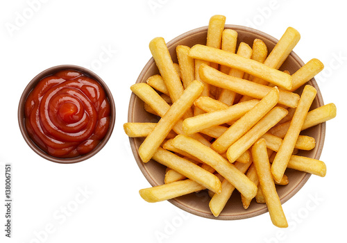 Top view golden french fries served brown bowl alongside ketchup dipping sauce isolated white background. Crispy potato fries perfect fast food snack or side dish. Classic fries everyone loves.