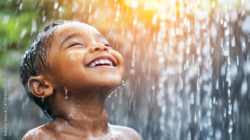 Fototapeta premium A young child stands under a gentle stream of water, joyfully tilting their face upwards as sunlight creates a sparkling effect with the droplets