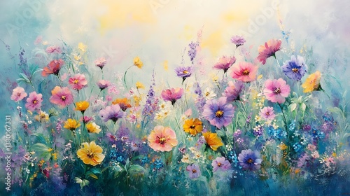 ballet of colorful flowers swaying gracefully in the breeze, with a soft, refreshing morning breeze carrying their petals gently through the air