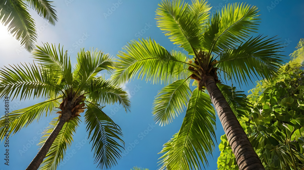 Bottom View of Lush Tropical Palm Leaves Against a Vibrant Blue Sky—Exotic Summer Scene in Phuket Island Bottom View of Lush Tropical Palm Leaves Against a Vibrant Blue Sky—Exotic Summer Scene in Phuket Island
