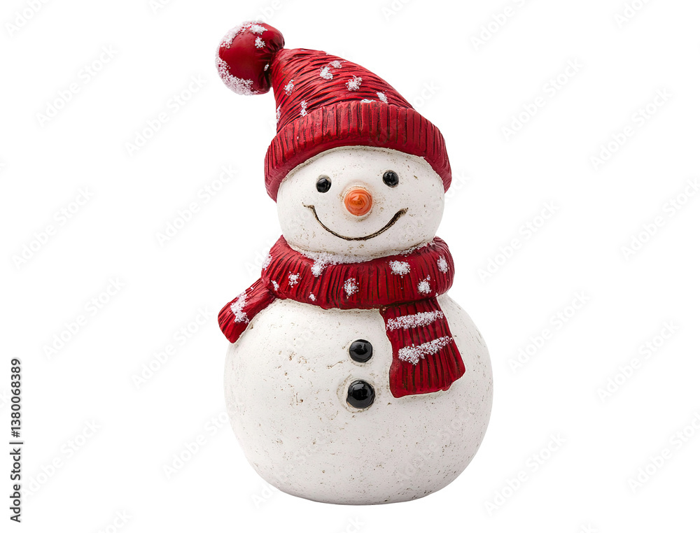 Cute snowman figurine with red hat and scarf, smiling warmly, isolated on transparent cutout background Cute snowman figurine with red hat and scarf, smiling warmly, isolated on transparent cutout background
