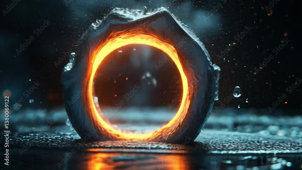 Portal of Light: An artistic representation of an ethereal portal emitting a fiery glow, set amidst a surreal, water-covered environment, inviting viewers into a realm of mystery and wonder.