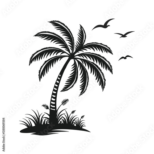Tropical Palm Tree Silhouette with Flying Birds