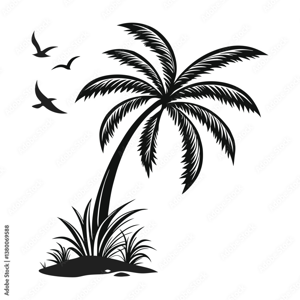 Fototapeta premium Tropical Palm Tree Silhouette with Flying Birds