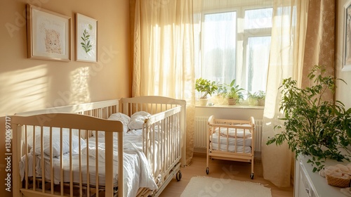 Sunny nursery with twin cribs, plants, and beige walls.