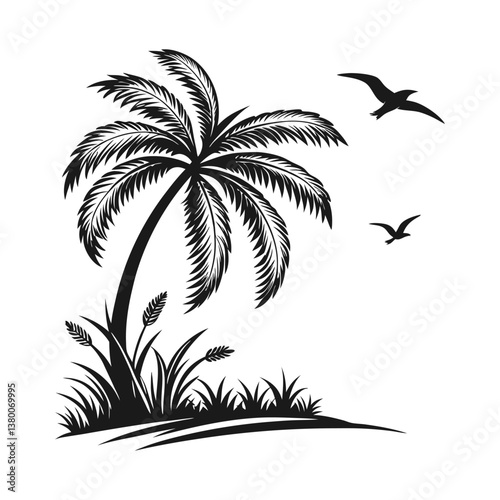 Tropical Palm Tree Silhouette with Flying Birds