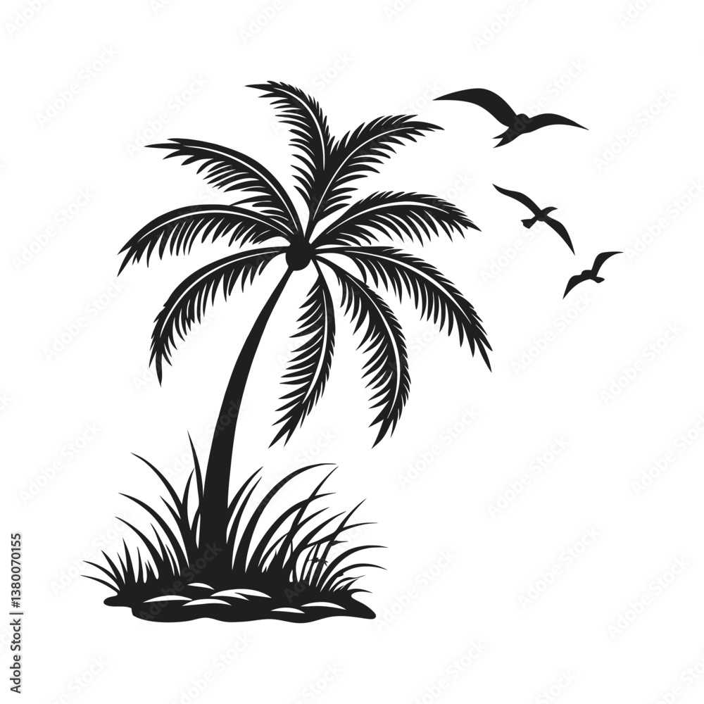 Fototapeta premium Tropical Palm Tree Silhouette with Flying Birds