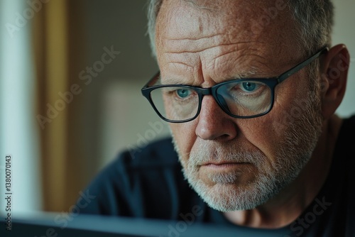 Middle-aged man with glasses deeply engrossed in digital work.