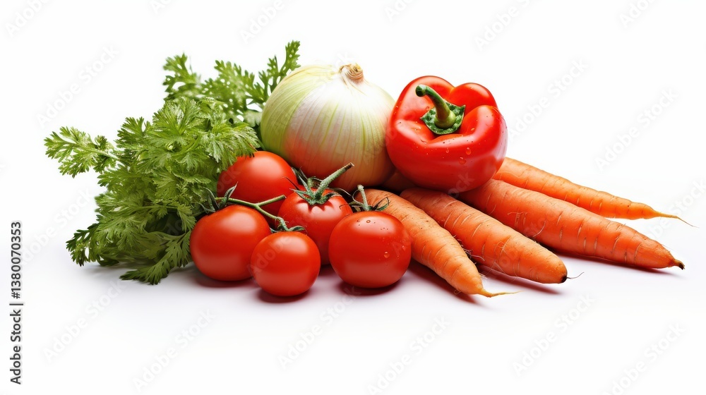 A collection of fresh vegetables is displayed, featuring bright red tomatoes, crunchy carrots, a green bell pepper, and vibrant cilantro. This assortment showcases the bounty of healthy eating A collection of fresh vegetables is displayed, featuring bright red tomatoes, crunchy carrots, a green bell pepper, and vibrant cilantro. This assortment showcases the bounty of healthy eating