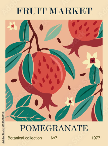 Abstract Fruit Market retro poster. Trendy contemporary wall art with Pomegranate fruit design in danish pastel colors. Modern naive groovy funky interior decoration, painting. Vector illustration.
