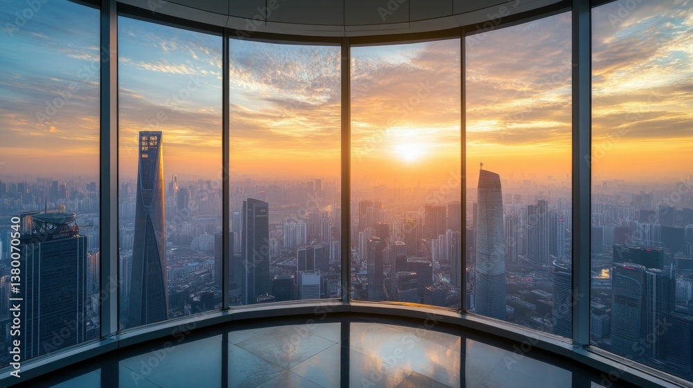 Fototapeta premium Wide angle shot inside skyscraper at dusk.