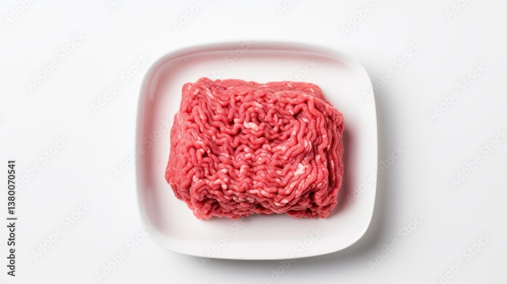 Raw ground meat placed neatly on a white plate against a clean background, ready to be cooked into various dishes for a delicious meal Raw ground meat placed neatly on a white plate against a clean background, ready to be cooked into various dishes for a delicious meal