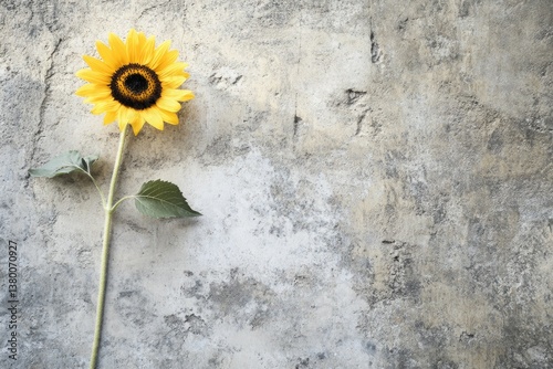 A vibrant sunflower stands alone against a rough concrete wall.
