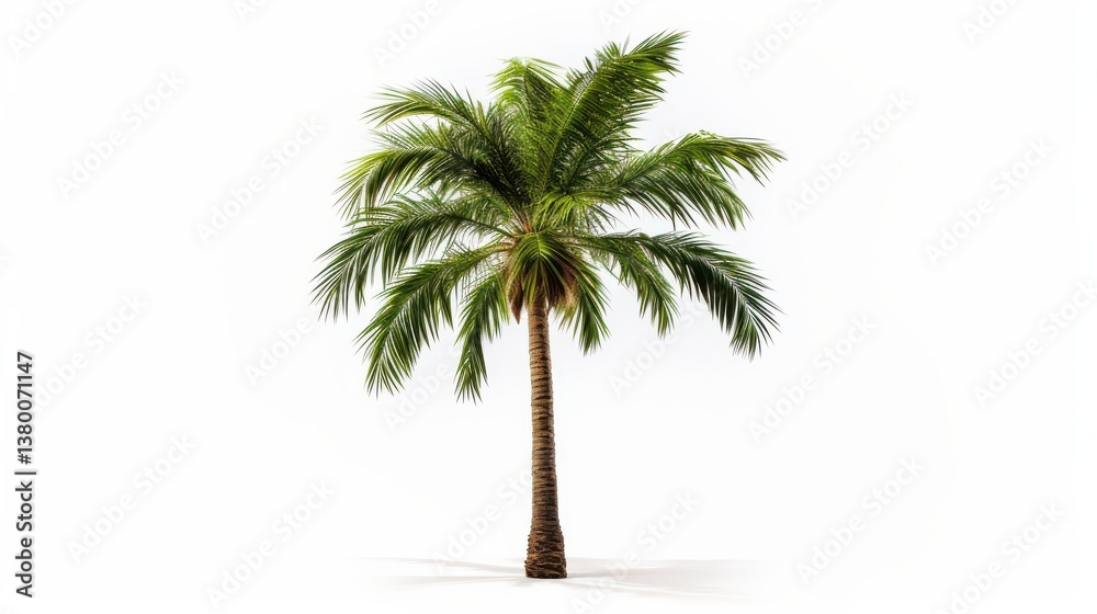 Obraz premium A single palm tree stands tall with lush green leaves reaching outward. The stark white background enhances the tropical feel, highlighting the tree's vibrant foliage and slender trunk