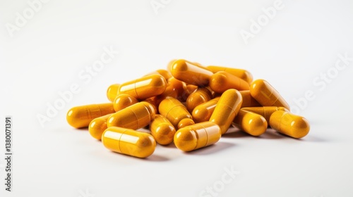 Yellow capsules are arranged in a random pile on a plain white background highlighting their glossy texture and uniform shape. The setting provides a clean and minimalistic view of the capsules