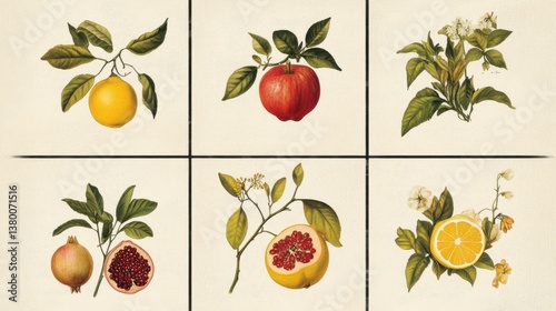 Vintage botanical fruit illustrations set with apple lemon pomegranate citrus flowers and leaves on light background