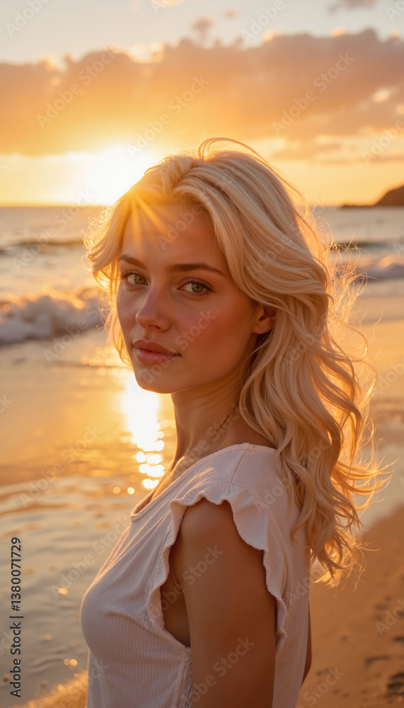Young woman enjoying sunset at the beach for International Day for the Dissemination of Information about Albinism Young woman enjoying sunset at the beach for International Day for the Dissemination of Information about Albinism
