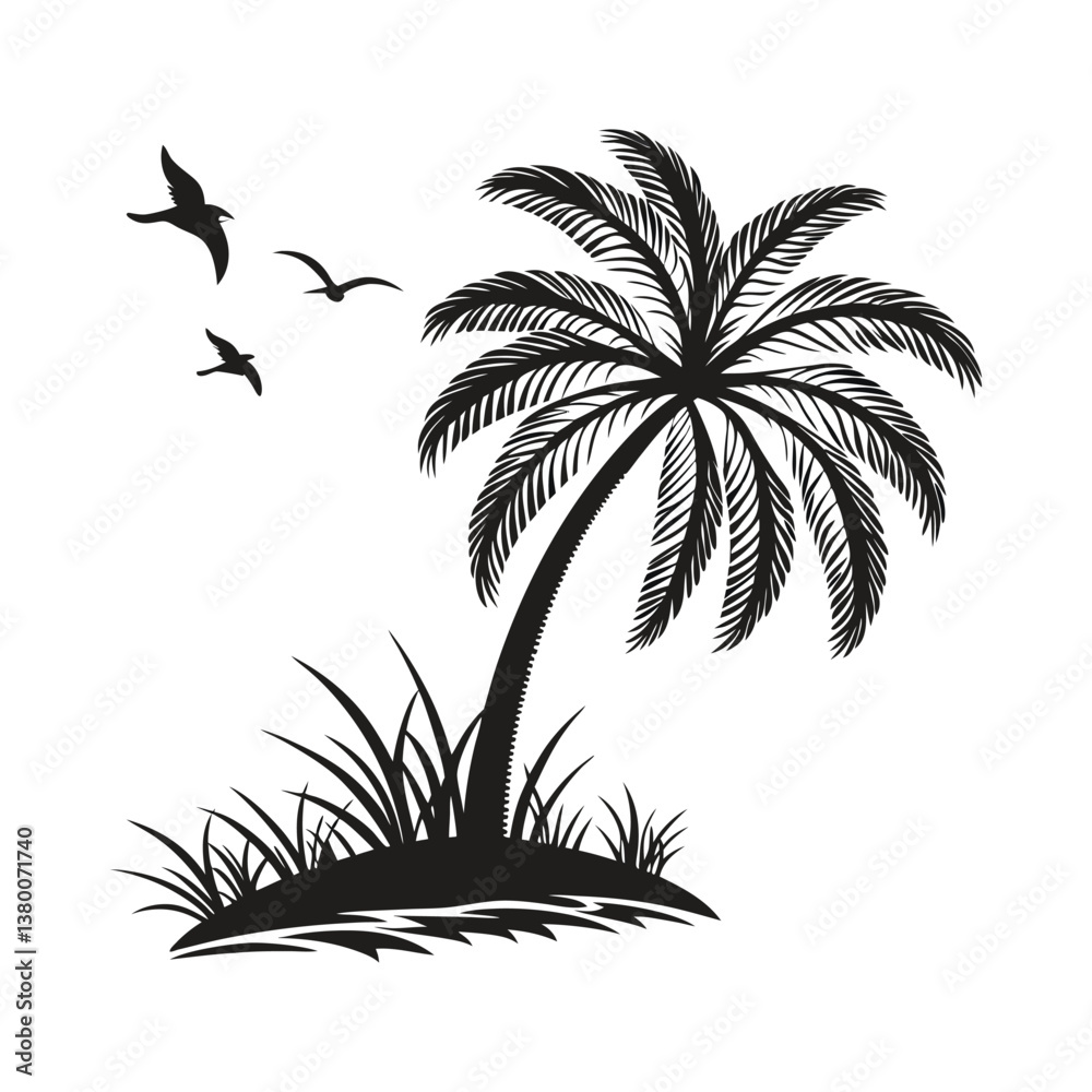 Obraz premium Tropical Palm Tree Silhouette with Flying Birds